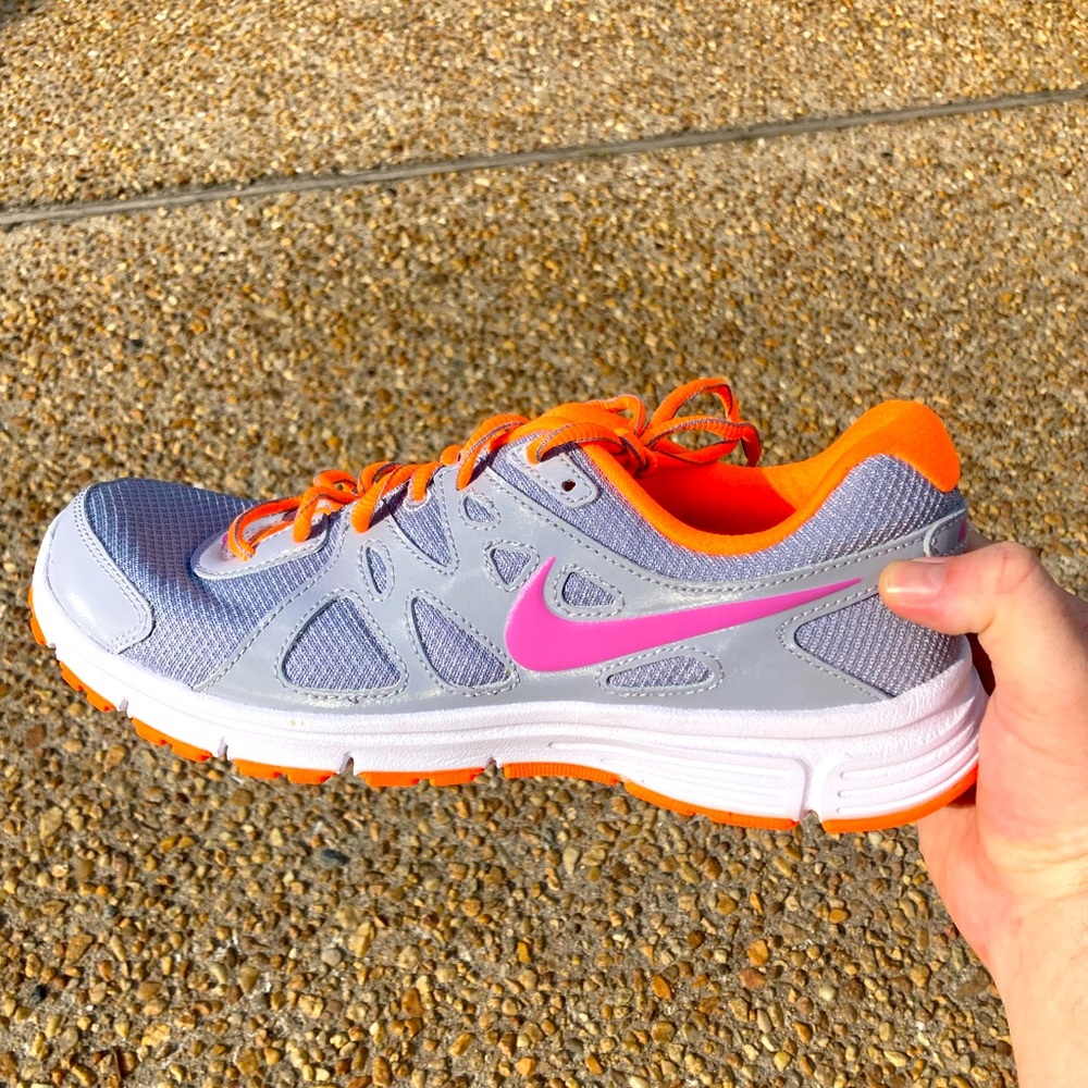 Nike women’s revolution 2 grey orange and pink running shoes. NWOT
